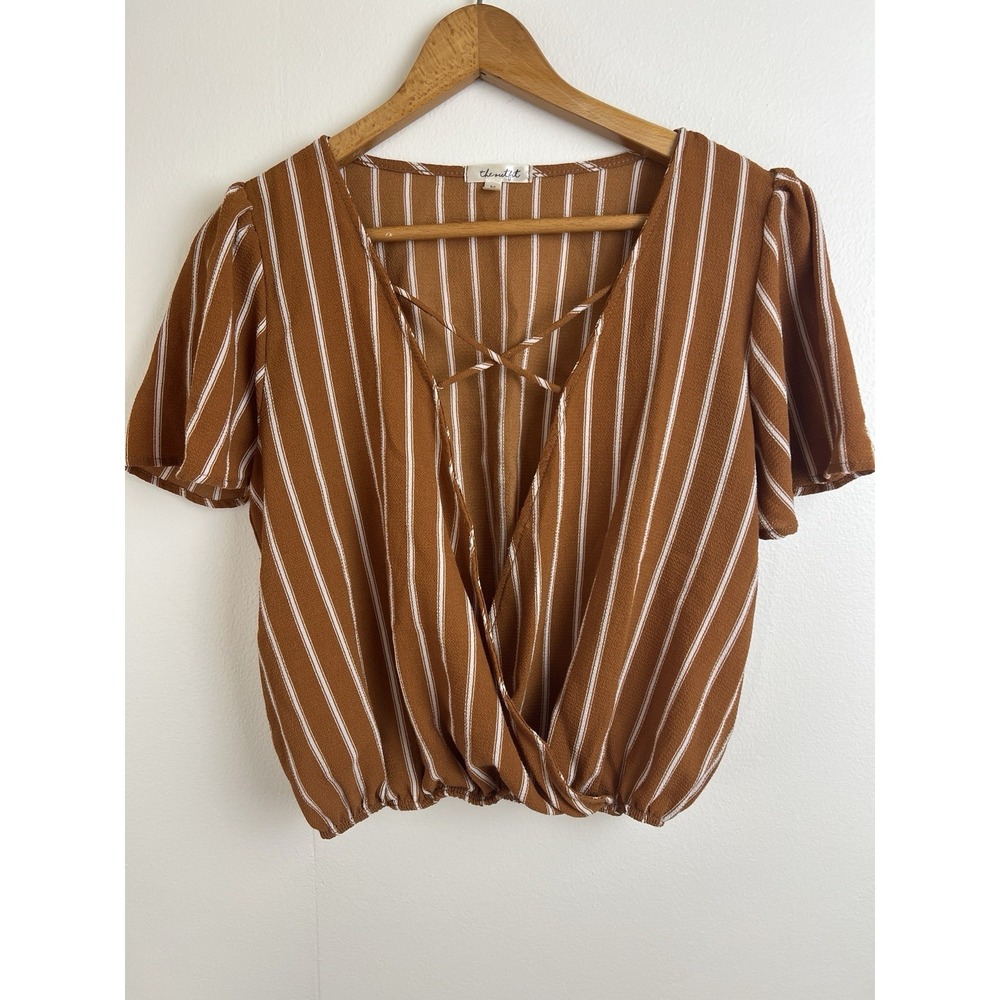 The Outfit Women's Brown Top Size Medium Deep V-Neck‎ Pin Stripe Lace Up Cropped